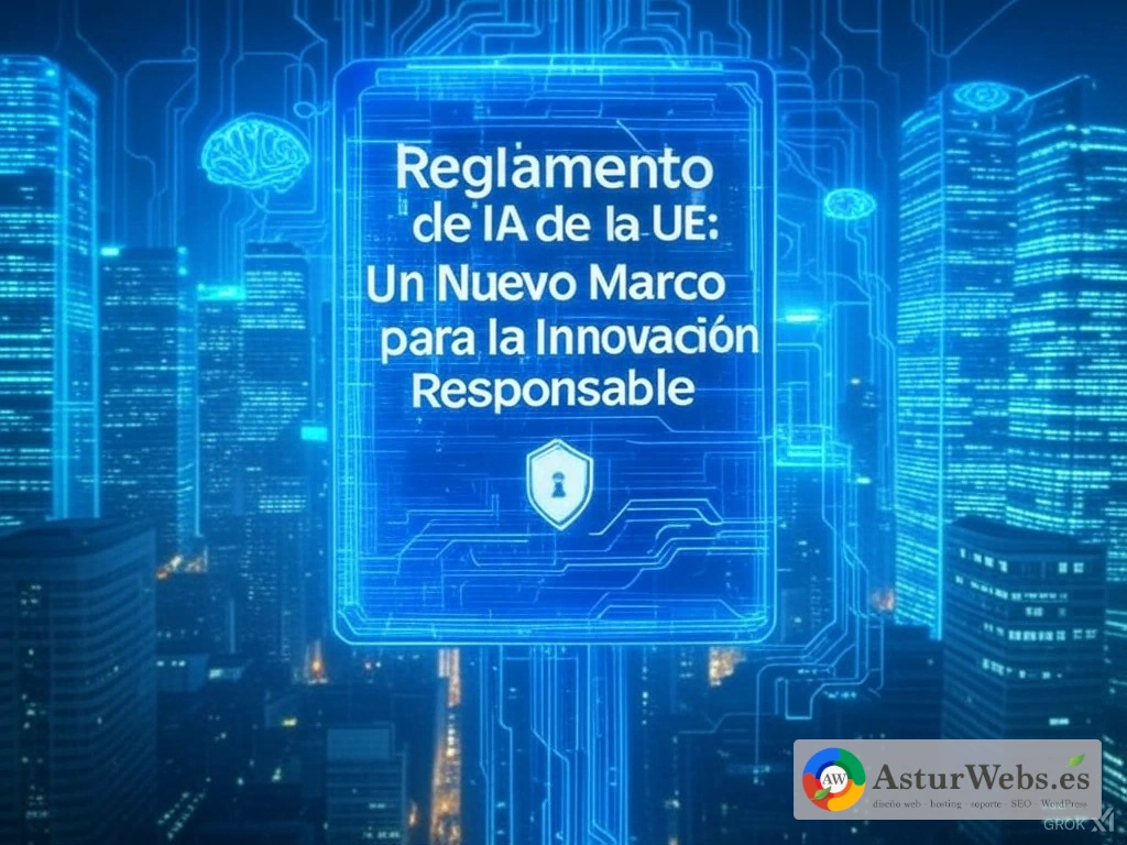 Asistente de IA representado como figura digital abstracta junto a símbolos de regulación europea y bandera de la UE sobre fondo azul oscuro