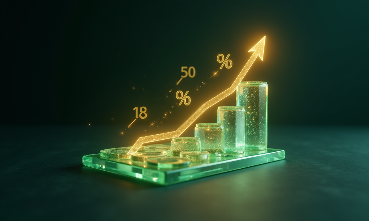 Calculadora junto a gráficos financieros ascendentes y monedas sobre superficie de escritorio con iluminación cálida
