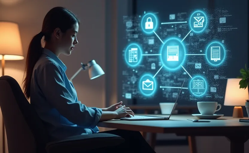 Propietario de negocio relajado ante un escritorio con diagramas de flujo digitales flotando alrededor: iconos de inventario, email, chat y calendario conectados por líneas brillantes