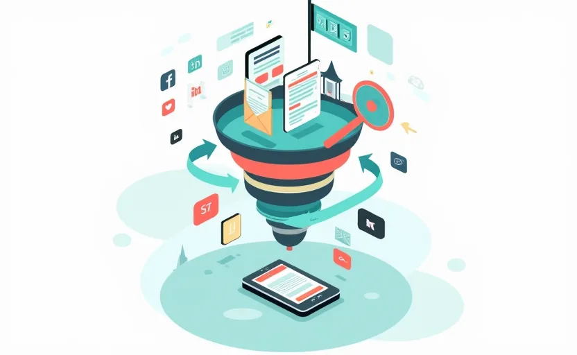 Visualización isométrica de embudo de marketing: iconos de SEO, contenido, redes sociales, email y publicidad convergiendo hacia un sitio web central