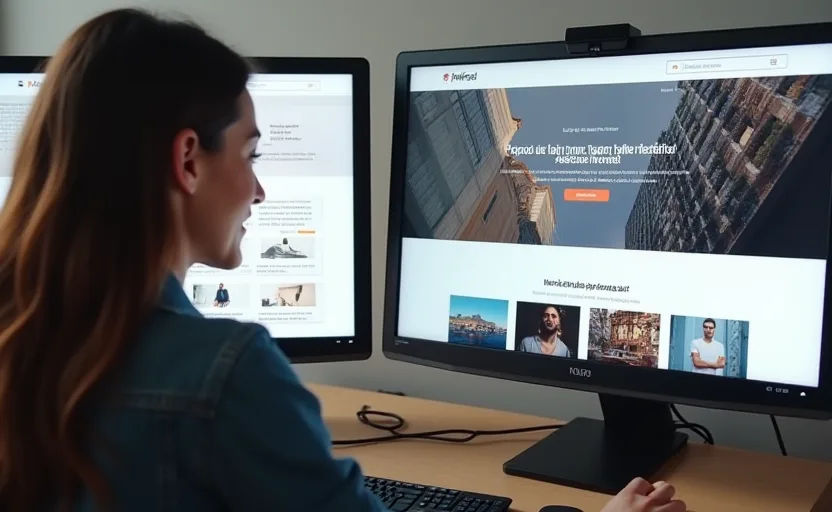 Comparación lado a lado en dos pantallas: web desordenada y anticuada a la izquierda, web moderna y limpia a la derecha con usuario interactuando