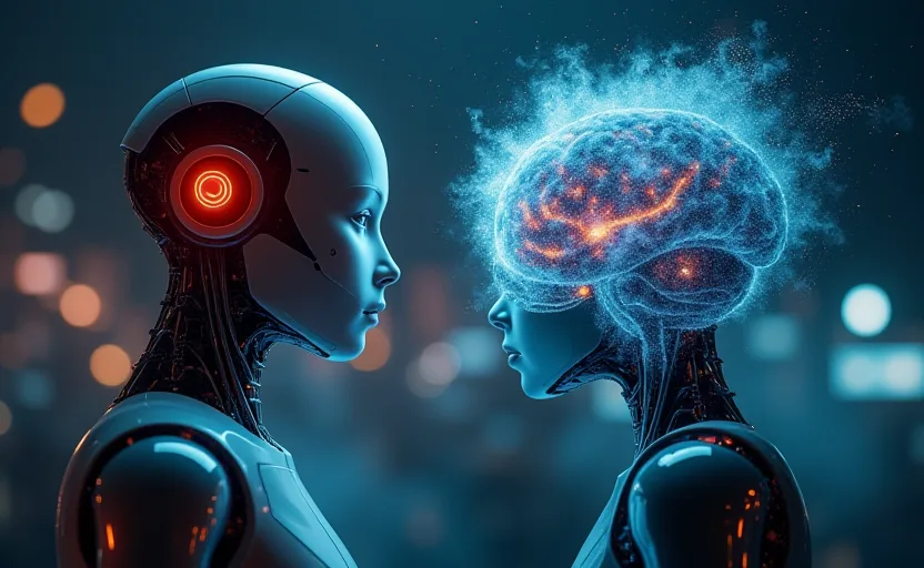 Composición en dos columnas: lado izquierdo con robots sci-fi y cerebros brillantes disolviéndose en niebla, lado derecho luminoso con paneles de eficiencia y herramientas digitales cotidianas