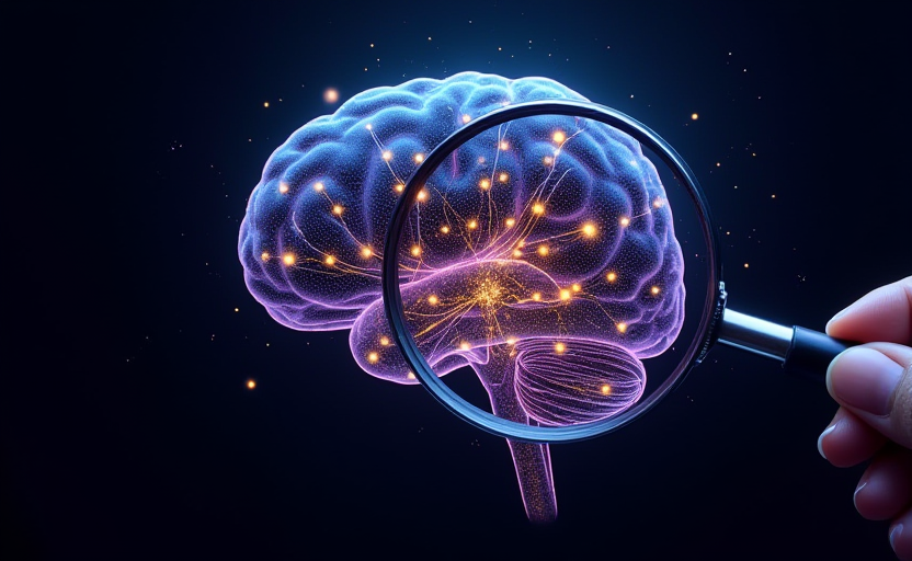 Red neuronal dentro de un cerebro de cristal examinada con lupa: Caja negra de IA con engranajes invisibles dentro y una lupa intentando ver su interior, simbolizando la falta de transparencia