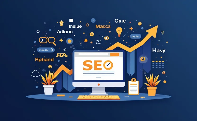 Ilustración de concepto de marketing digital: sitio web profesional rodeado de elementos SEO radiantes como palabras clave flotantes, cadenas de backlinks y gráfico de resultados