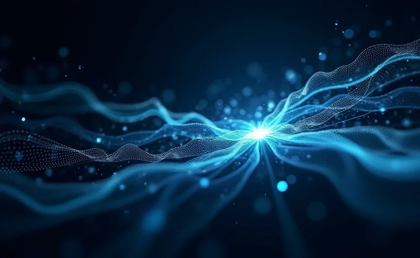 Cinco disciplinas profesionales — SEO, desarrollo, IA, contenido y diseño — convergiendo como flujos de luz en un único punto central sobre fondo oscuro con gradientes indigo y cyan