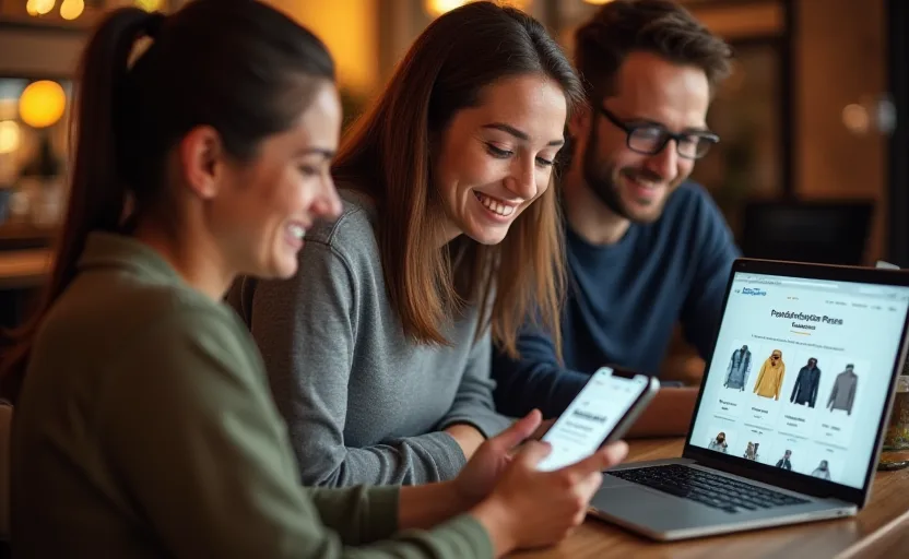 Tres propietarios de negocios diversos viendo sus webs profesionales en distintos dispositivos: smartphone, tablet y portátil, conectados por líneas de red digital