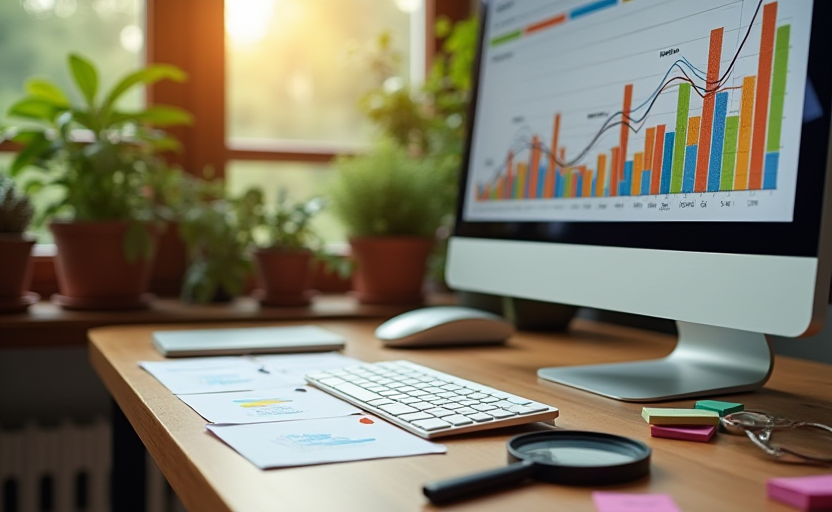 Investigación de palabras clave: monitor con analíticas, lupa y notas adhesivas sobre escritorio profesional