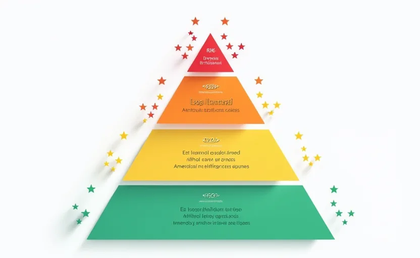 Infografía de pirámide de riesgos con cuatro niveles: rojo inaceptable arriba, naranja alto, amarillo limitado y verde mínimo en la base, con estrellas de la UE integradas