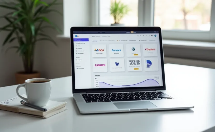 Espacio de trabajo productivo con portátil mostrando plataforma multi-modelo de IA, taza de café y libreta de notas, iluminación natural suave