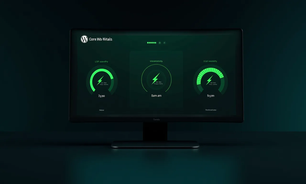 Panel de métricas web con medidores circulares de rendimiento LCP, INP y CLS en tonos verdes sobre fondo oscuro tecnológico