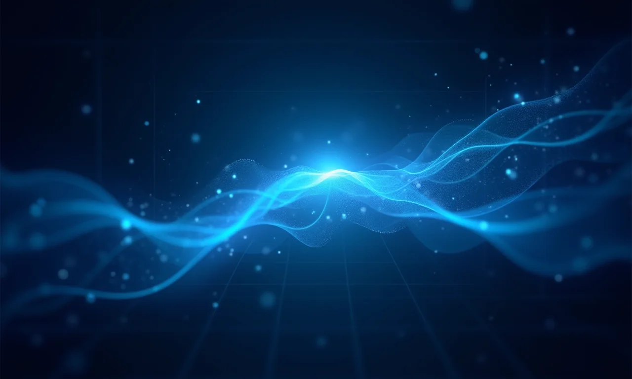 Holograma abstracto de inteligencia artificial con patrones geométricos en tonos índigo y cyan sobre fondo oscuro
