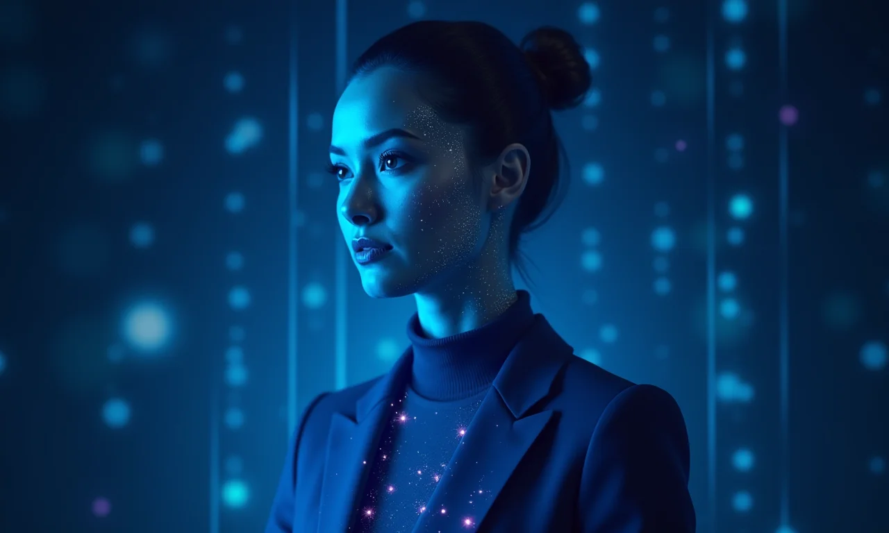 Holograma femenino vestido con blazer oscuro proyectado como figura de luz indigo y cyan sobre fondo con grid digital