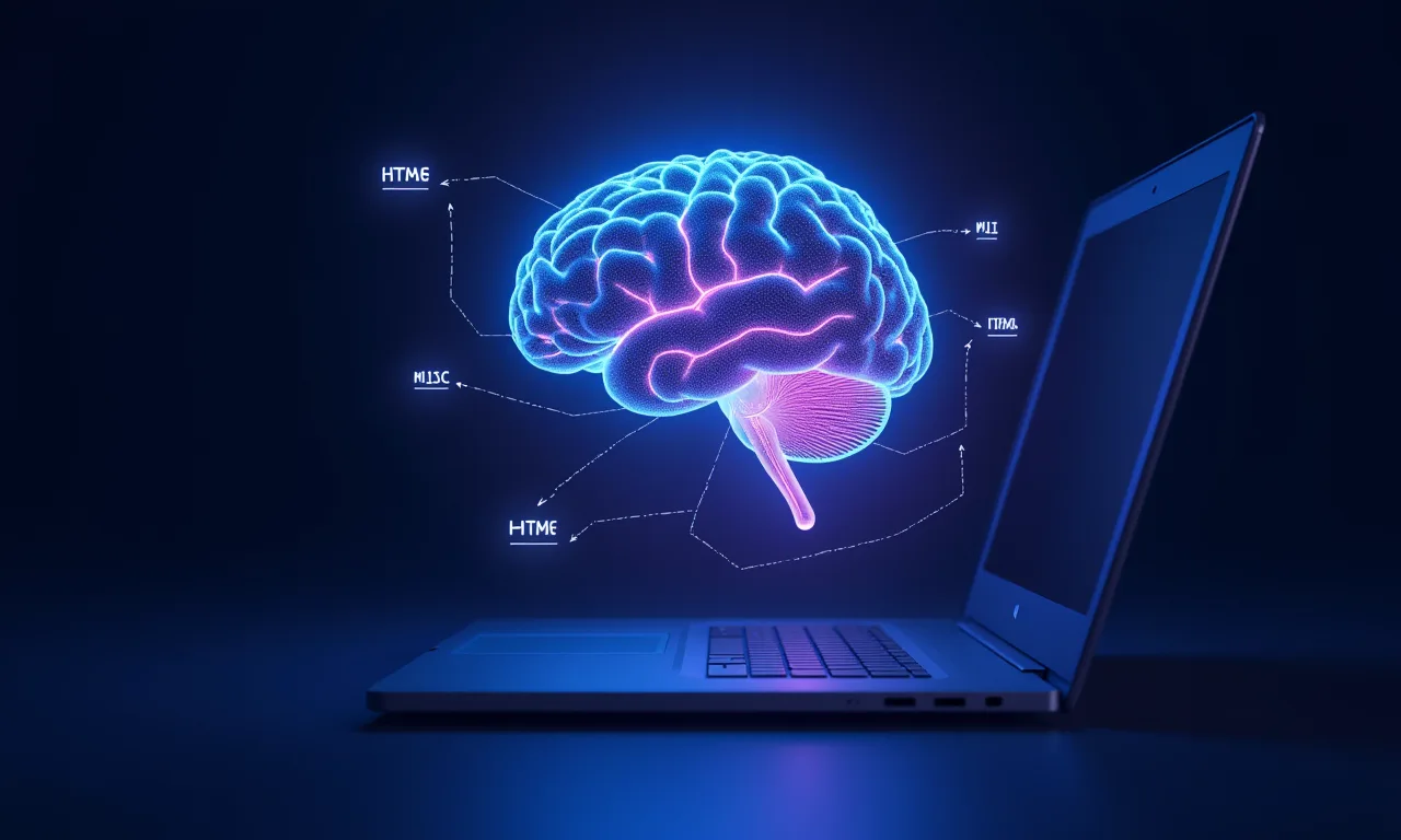 Chatbot holográfico azul flotando sobre un portátil abierto con elementos visuales de SEO y accesibilidad web
