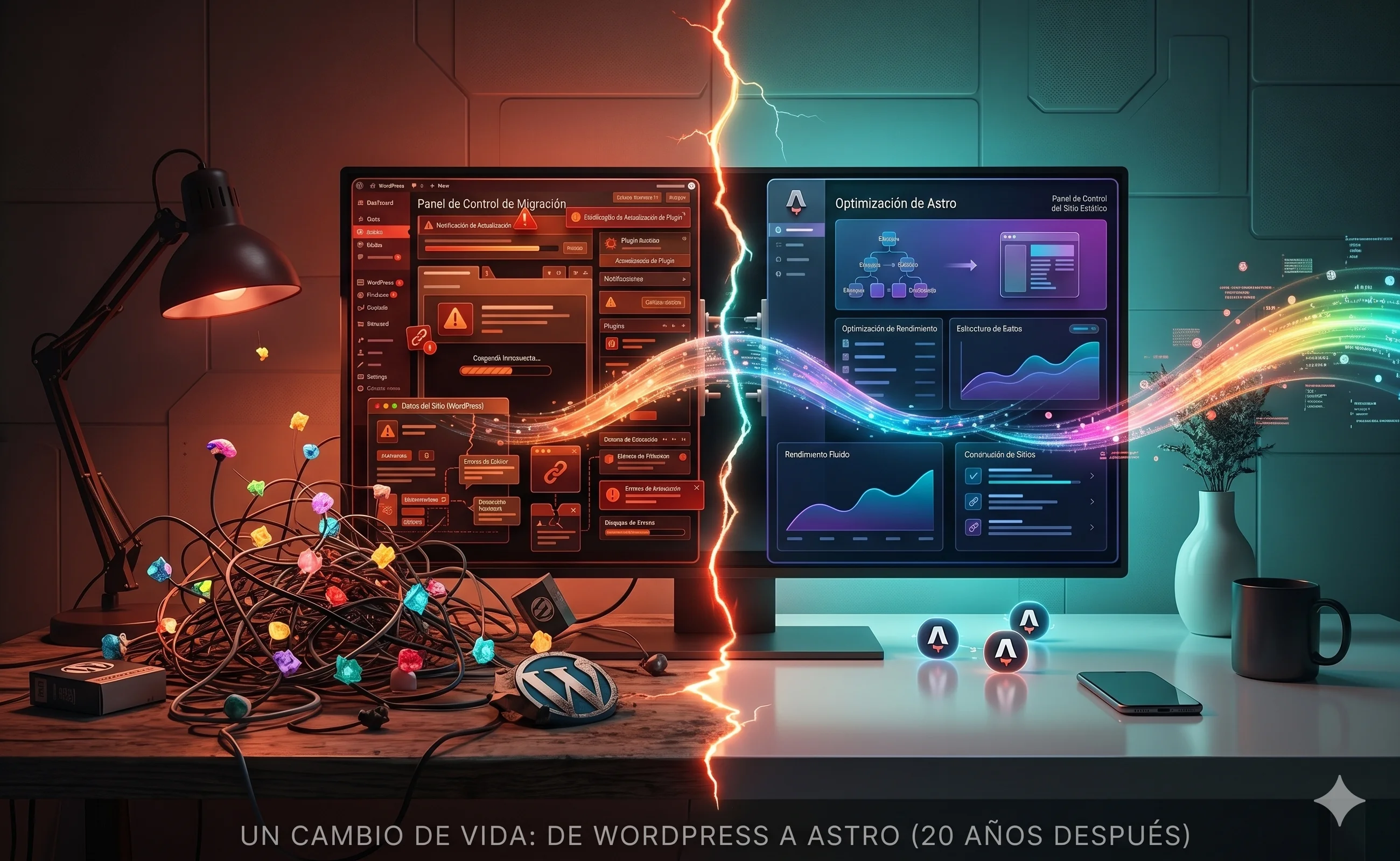 Pantalla dividida mostrando la migración de WordPress a Astro: lado izquierdo con interfaz clásica de plugins, lado derecho con estructura moderna de archivos estáticos