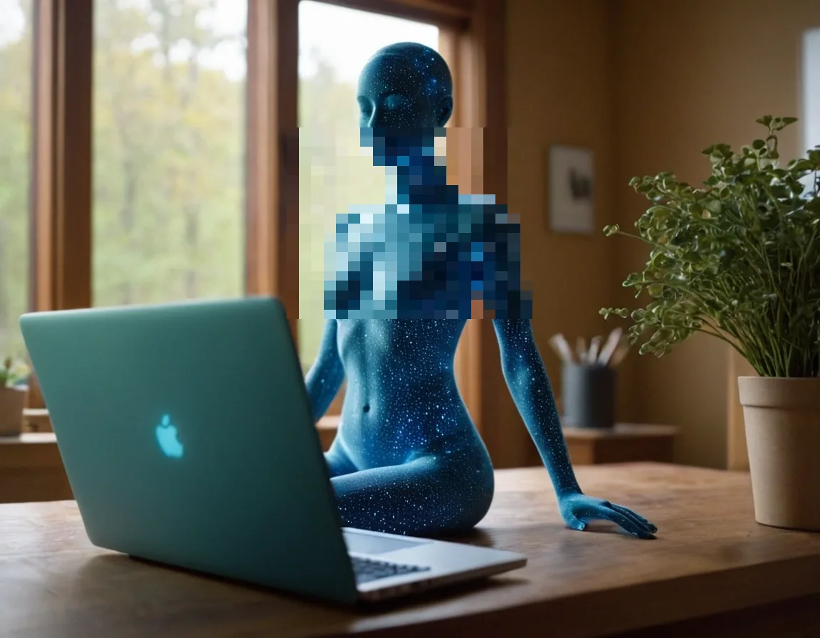 Holograma generado por Fooocus con atributos anatómicos explícitos, censurado para publicación web corporativa