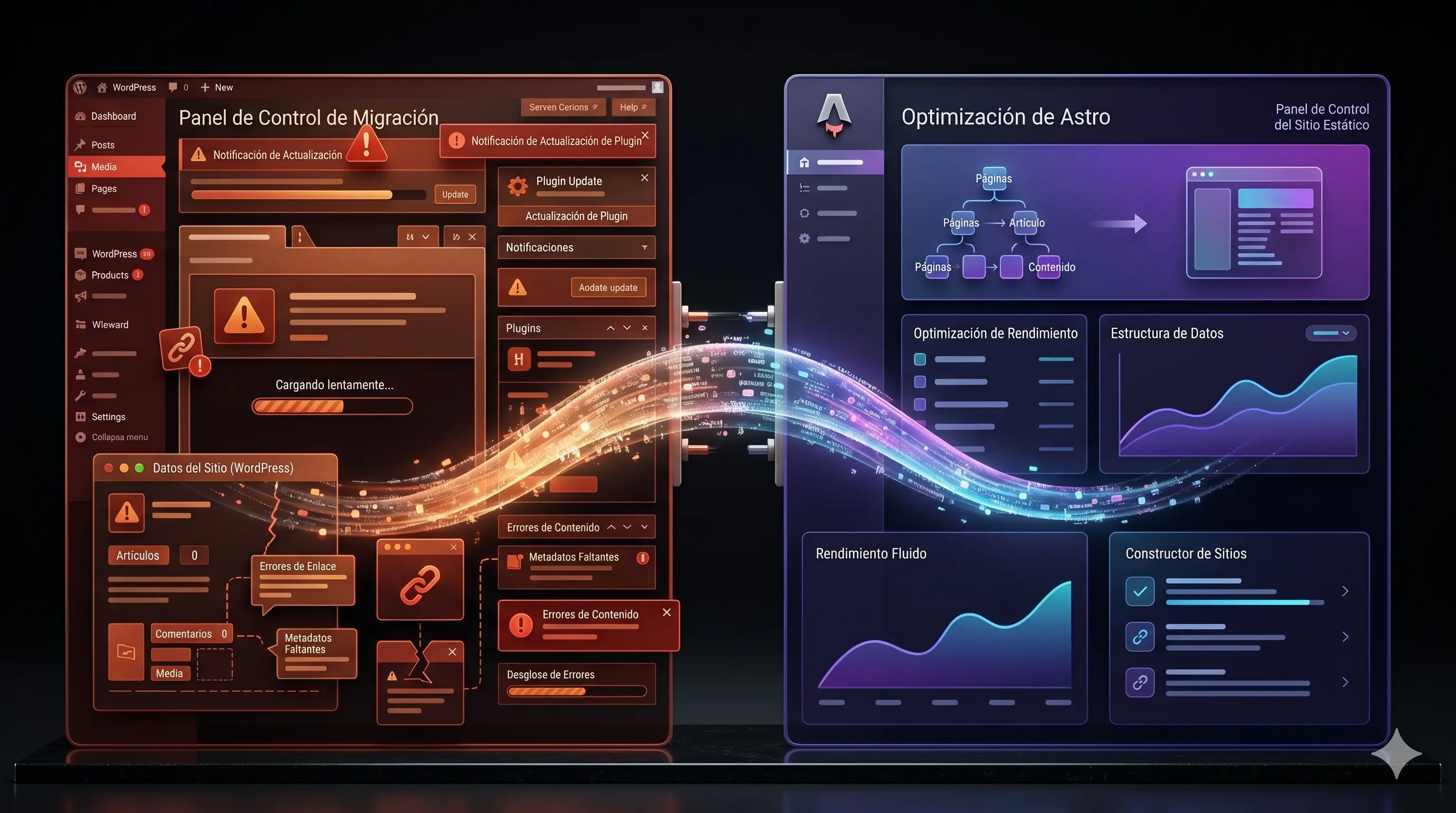 Composición conceptual con iconos de WordPress desvaneciéndose y logo de Astro emergiendo, conectados por nodos de IA brillantes