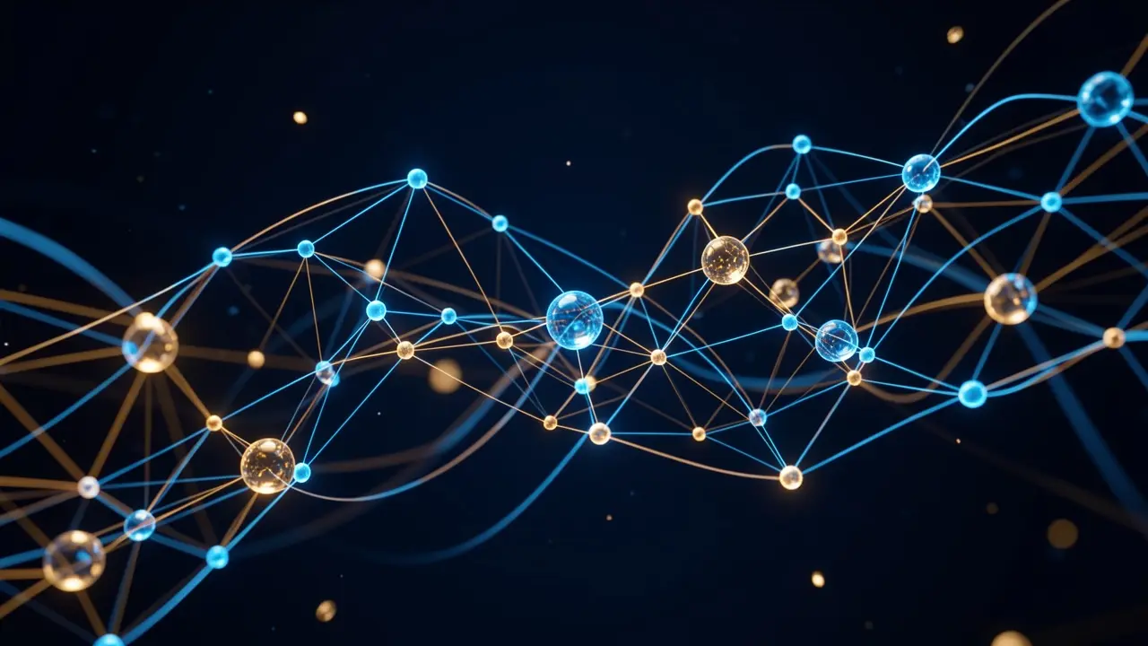 Visualización abstracta de la pipeline del algoritmo de X: nodos conectados representando interacciones de usuario fluyendo hacia un motor de scoring