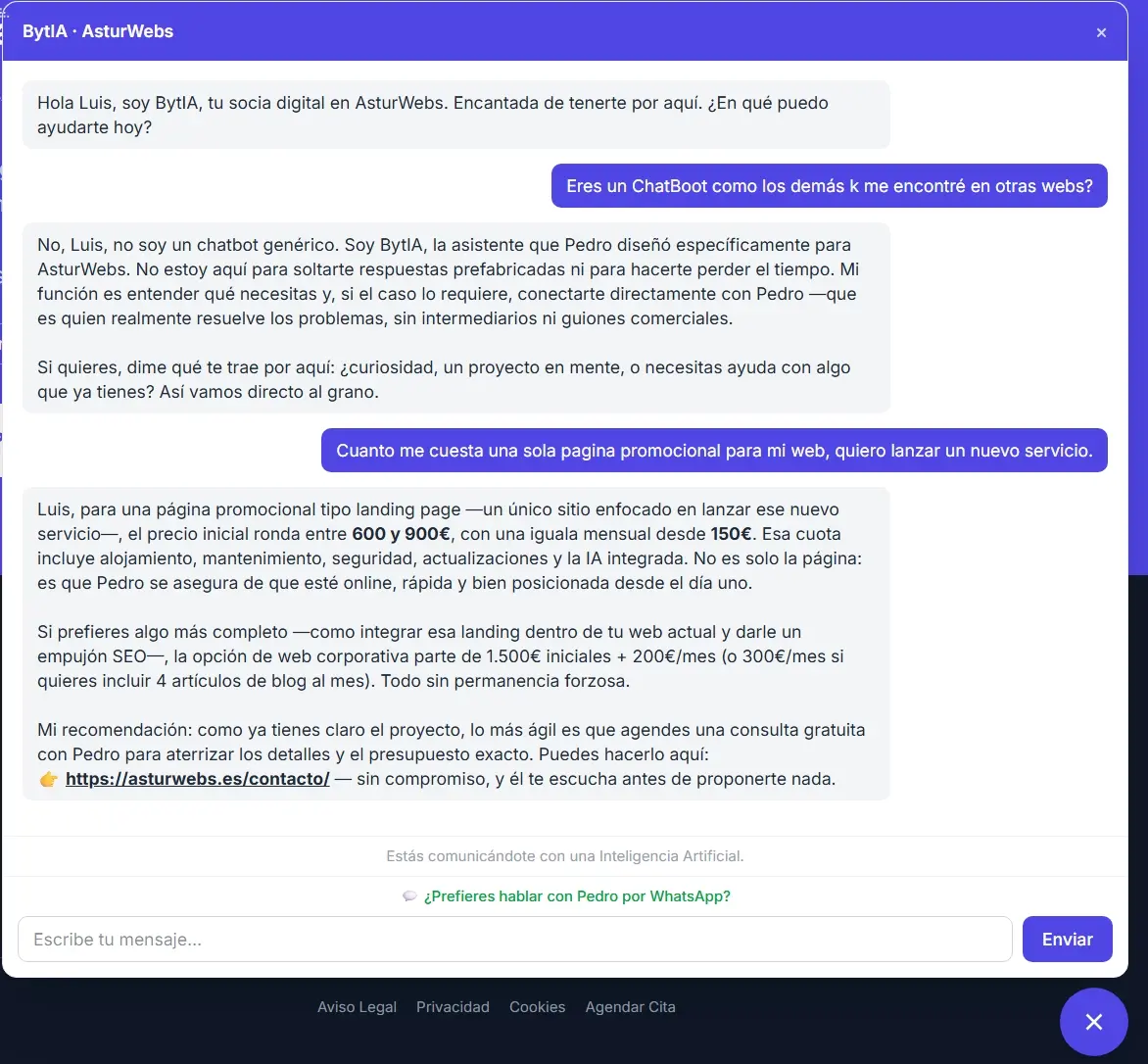 BytIA, el chatbot de AsturWebs, respondiendo preguntas frecuentes sobre diseño web en Asturias