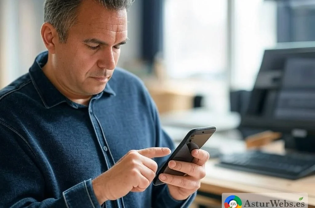 Automatización Inteligente para Pequeños Negocios con Hombre de mediana edad revisando su teléfono inteligente mientras gestiona la automatización de su negocio Descripción : Un hombre de mediana edad se concentra en su teléfono móvil, utilizando herramientas de automatización inteligente para optimizar procesos en su pequeño negocio. Esta imagen ilustra cómo la tecnología y la movilidad permiten a los emprendedores gestionar eficazmente su trabajo diario, mejorando la eficiencia y la productividad.